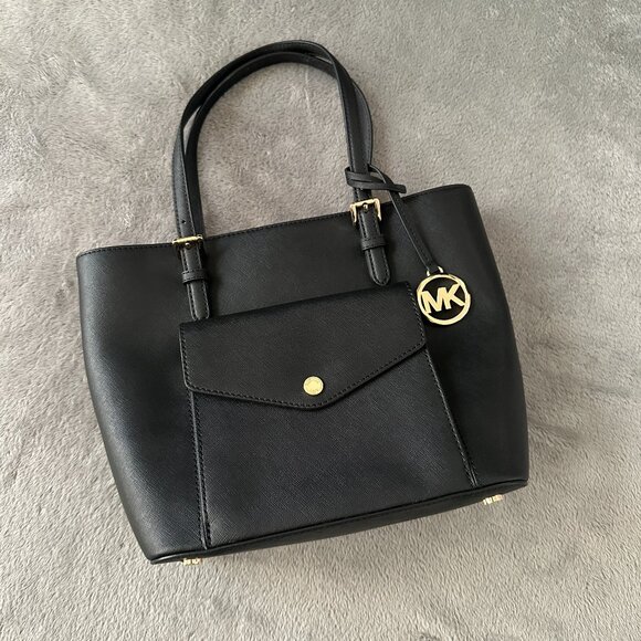 Michael Kors Black Jet Set Leather Shoulder Bag Tote Purse Handbag - Picture 1 of 8